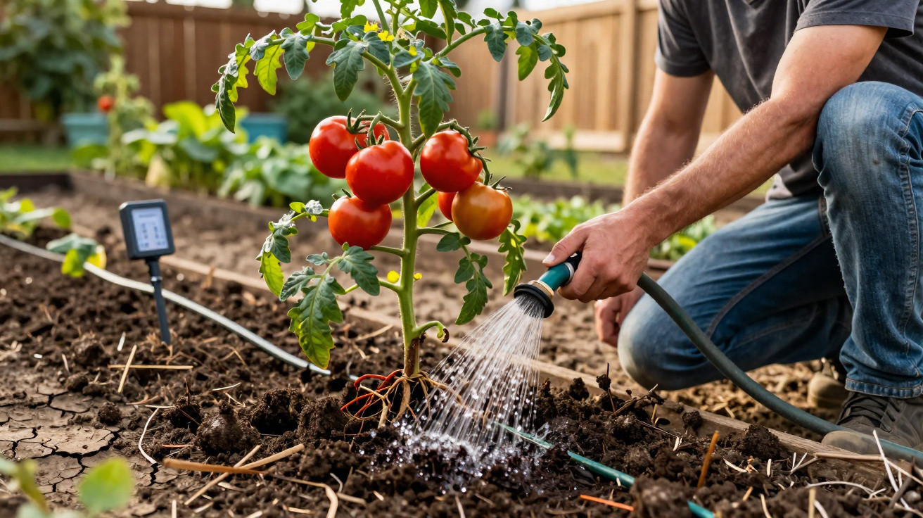 Person watering a tomato plant with ripe red tomatoes in a home garden with a wooden fence background.