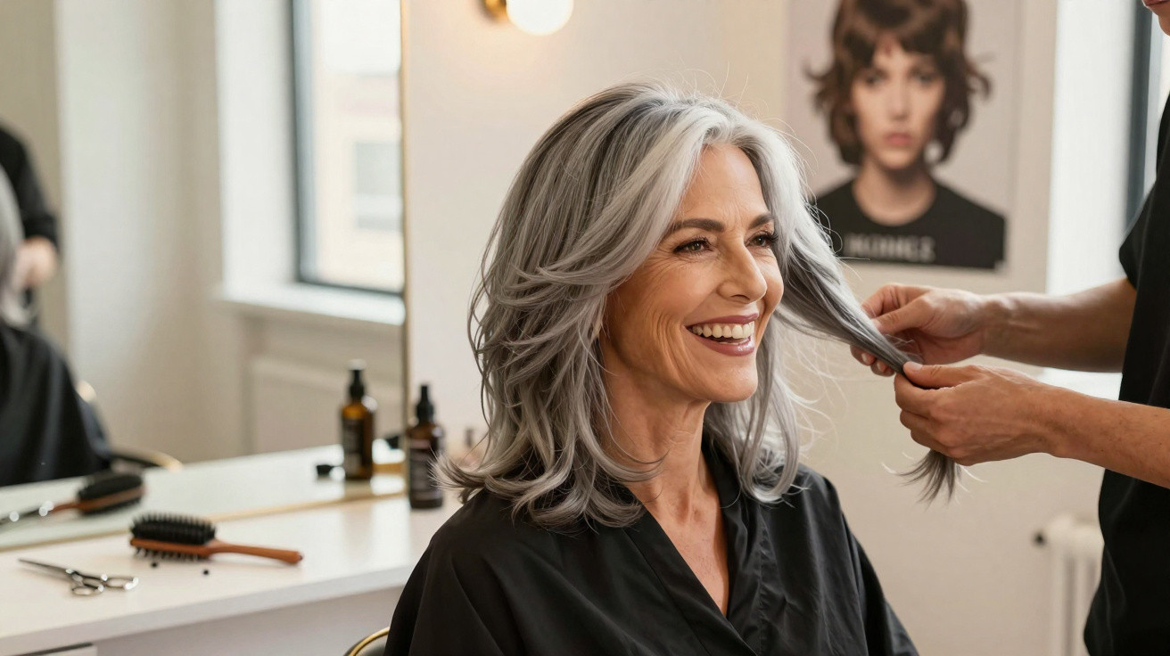 Smiling older woman with grey hair having her hair styled in a bright, modern salon.