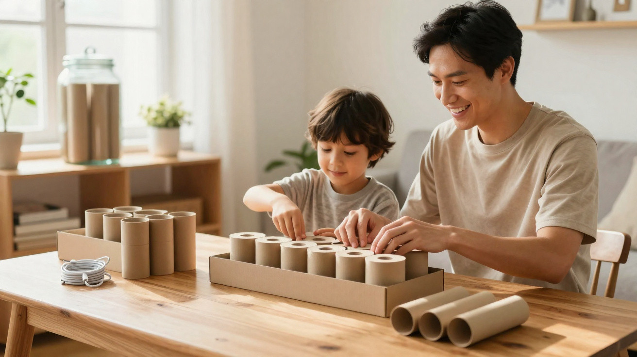 Father and son happily building a structure with cardboard tubes at a wooden table indoors.
