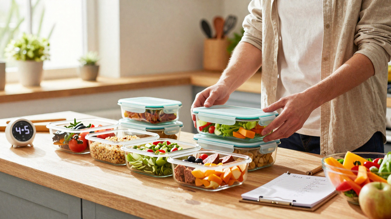 Person organising healthy food in clear plastic containers on kitchen counter for meal prep.