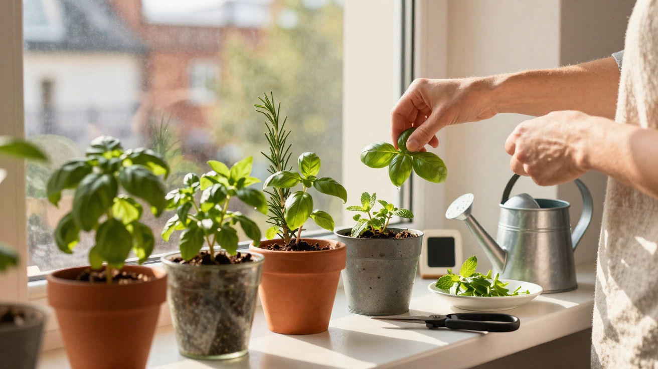 Person tending to various potted herb plants on a sunny windowsill with a watering can nearby.