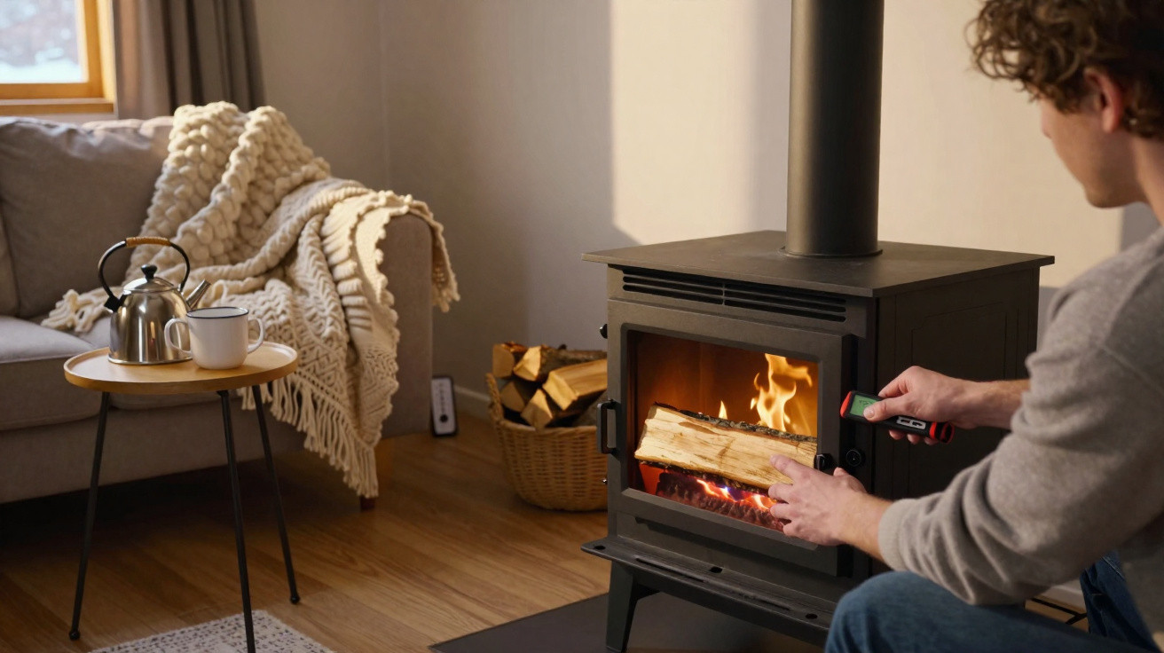 Person tending a burning wood stove in a cosy living room with a sofa, knitted blanket, and kettle on a table.
