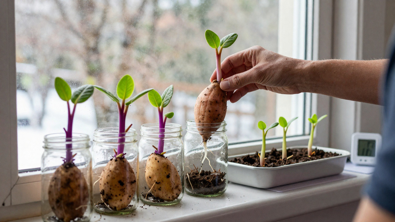 Hand placing a sweet potato sprout into a jar on a windowsill with other seedlings growing in jars and soil.