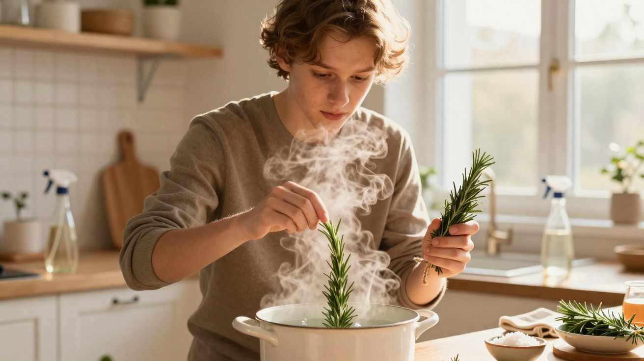 Young person adding fresh rosemary to a steaming pot in a bright, modern kitchen.