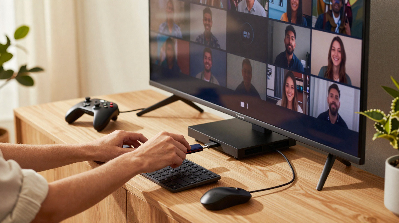 Person inserting USB into a device under a TV showing a video conference with multiple participants.