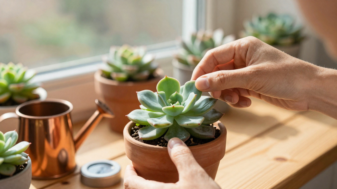 Hands tending to a potted succulent on a wooden windowsill with a copper watering can nearby