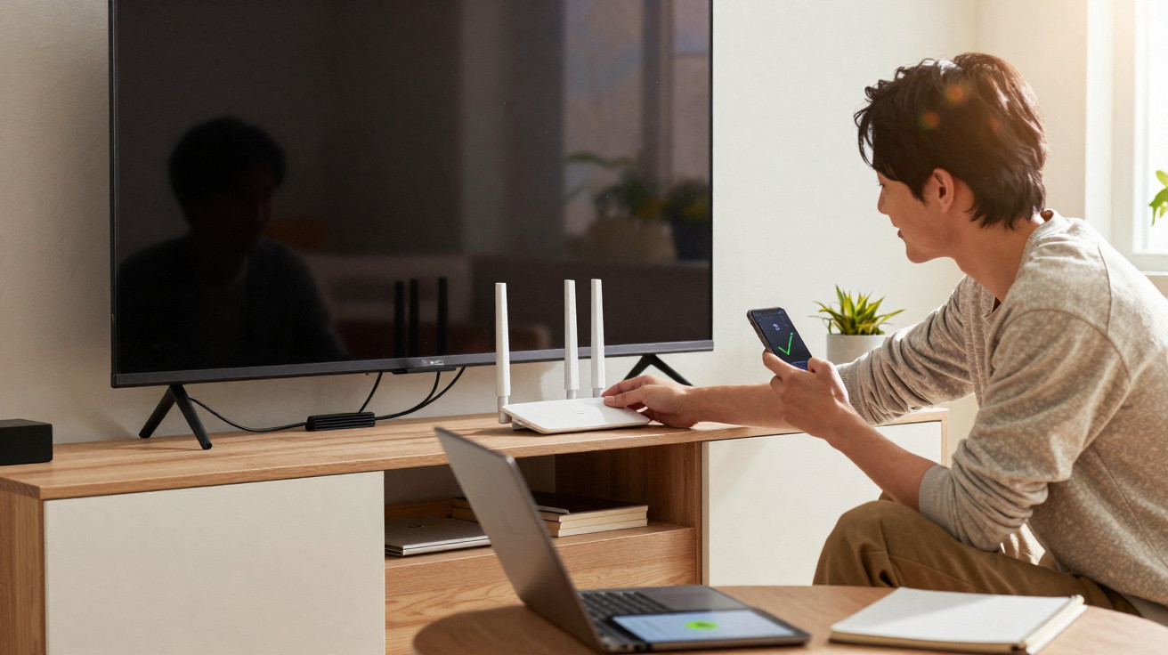 Man sitting by a TV adjusting a Wi-Fi router while holding a smartphone, a laptop and notebook on the table nearby.