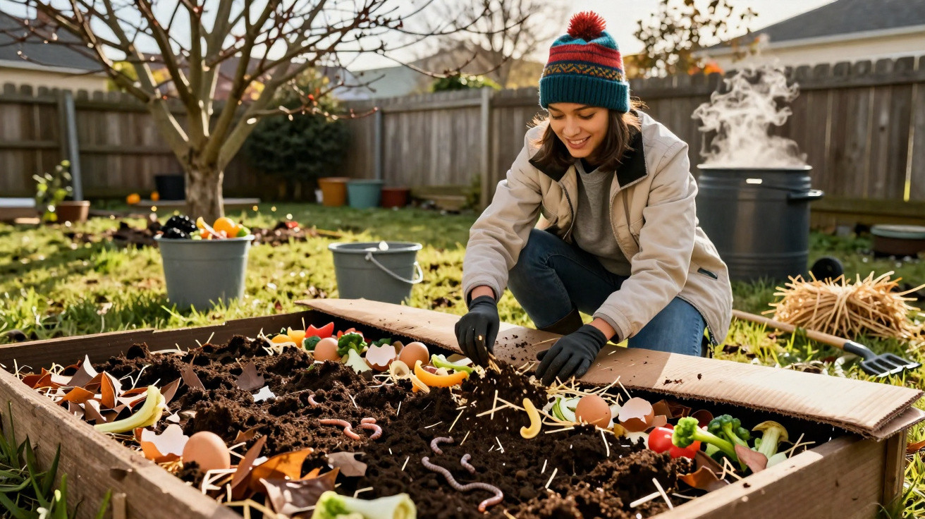 Young woman gardening with compost bin, adding food scraps and soil in raised bed on a sunny day.