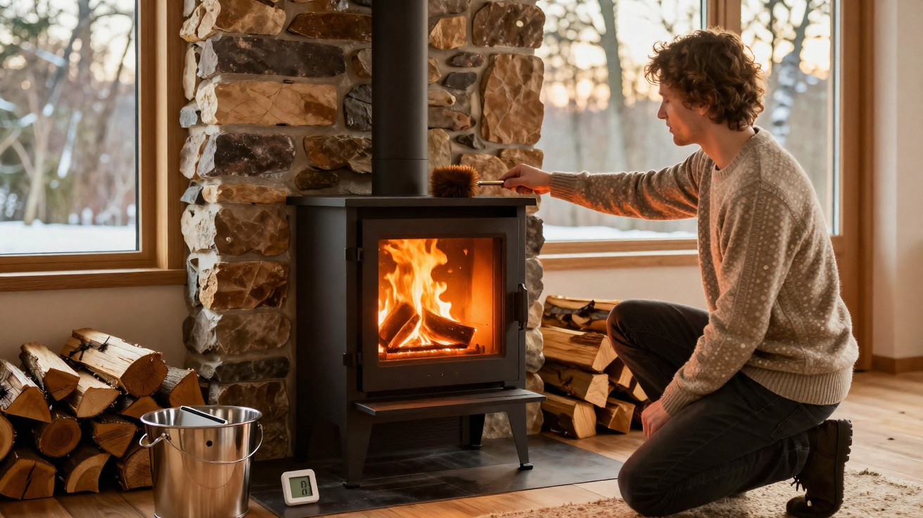 Person kneeling by a lit wood-burning stove in a cosy room with stacked firewood and large windows.