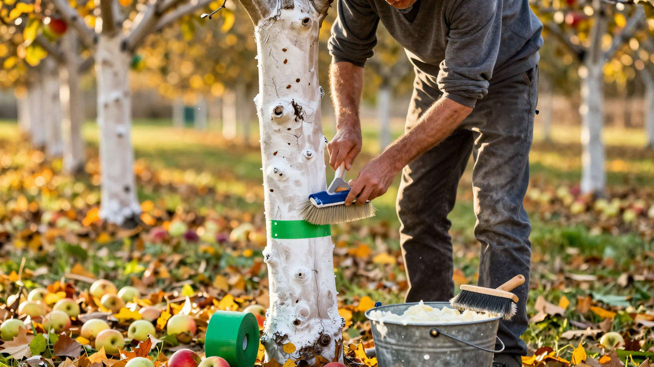 Person brushing white paint onto a tree trunk in an orchard with fallen apples and autumn leaves.