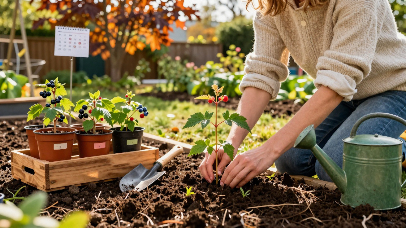 A person planting seedlings in a garden bed with potted plants, a watering can, and a trowel nearby.