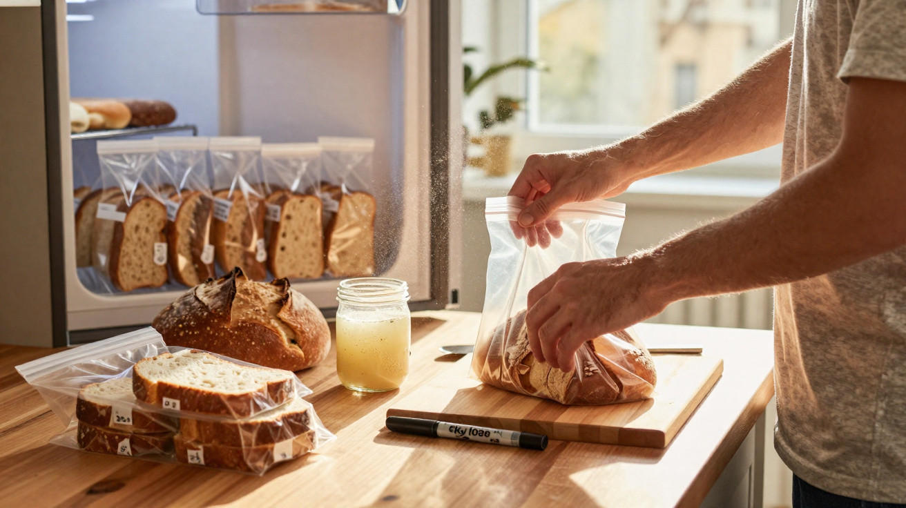 Person packing sliced bread into a resealable bag on a wooden kitchen table with labelled bread bags nearby.