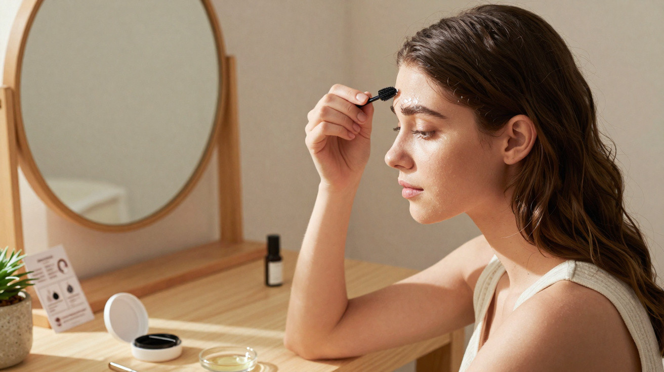 Young woman applying skincare cream to her forehead while sitting at a wooden vanity with a round mirror.