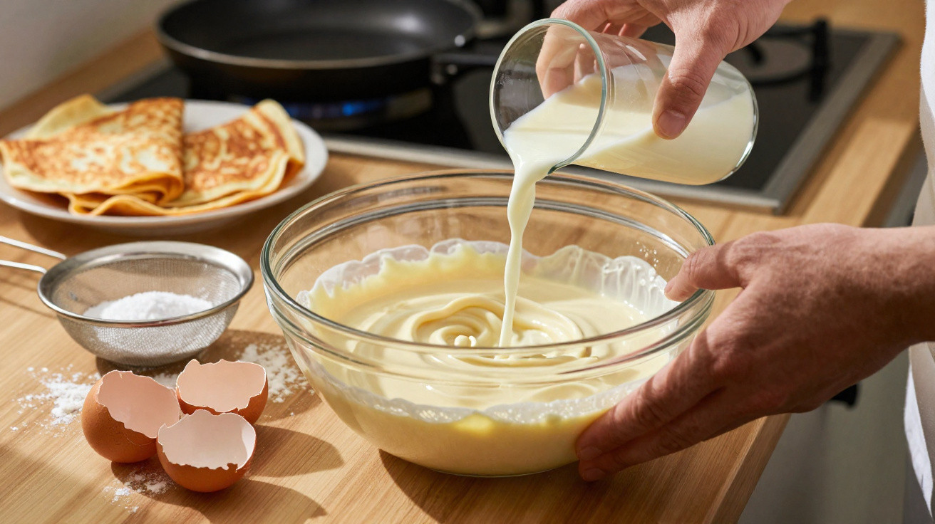 Hands pouring milk into a bowl of pancake batter on a wooden countertop with cracked eggshells and cooked pancakes nearby.