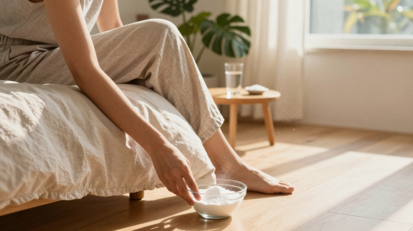 Person sitting on bed sprinkling baking soda from a bowl onto a wooden floor in sunlight.