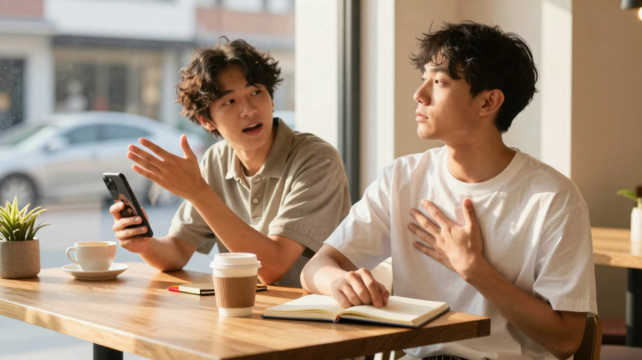 Two young men sitting at a table in a cafe, one holding a phone and gesturing, the other with hand on chest.
