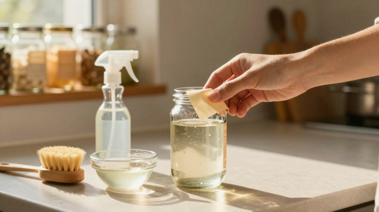 Hand dropping a cleaning tablet into a glass jar of water on a kitchen countertop with cleaning tools nearby.