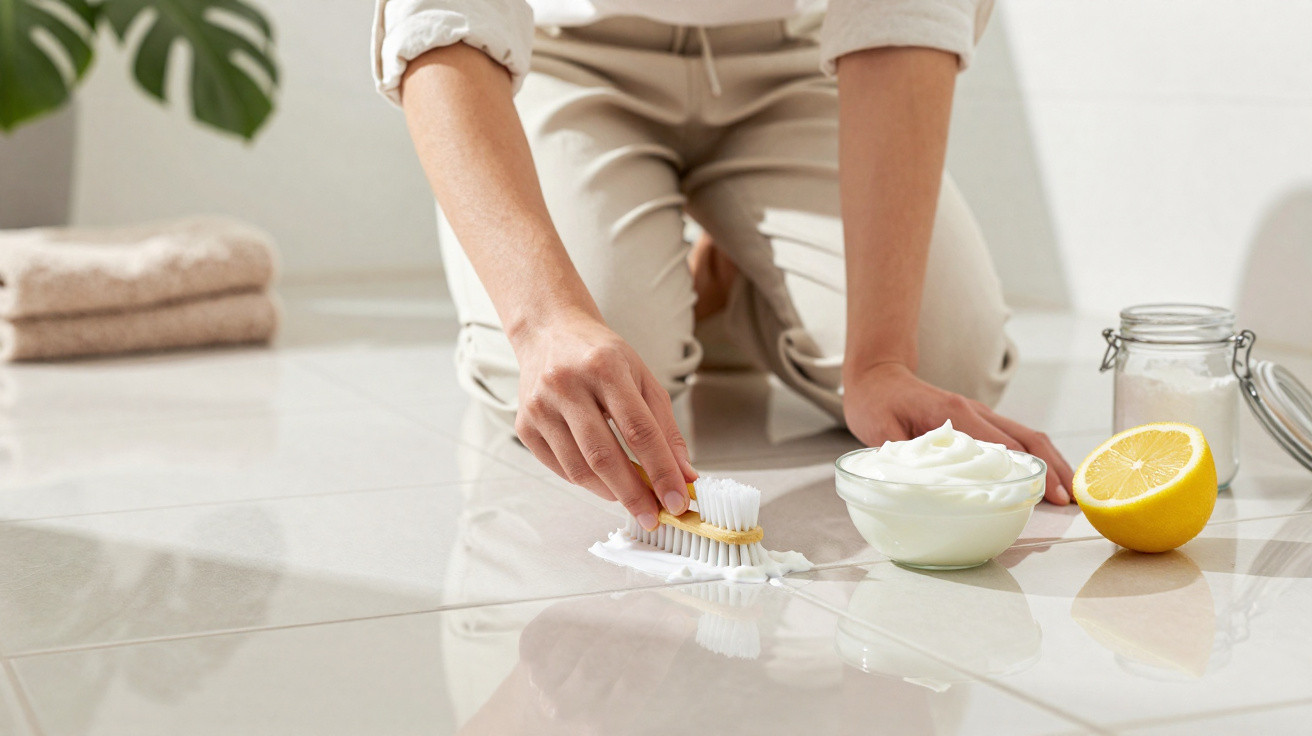 Person scrubbing tiled floor with brush, cleaning cream, and lemon in bright room.