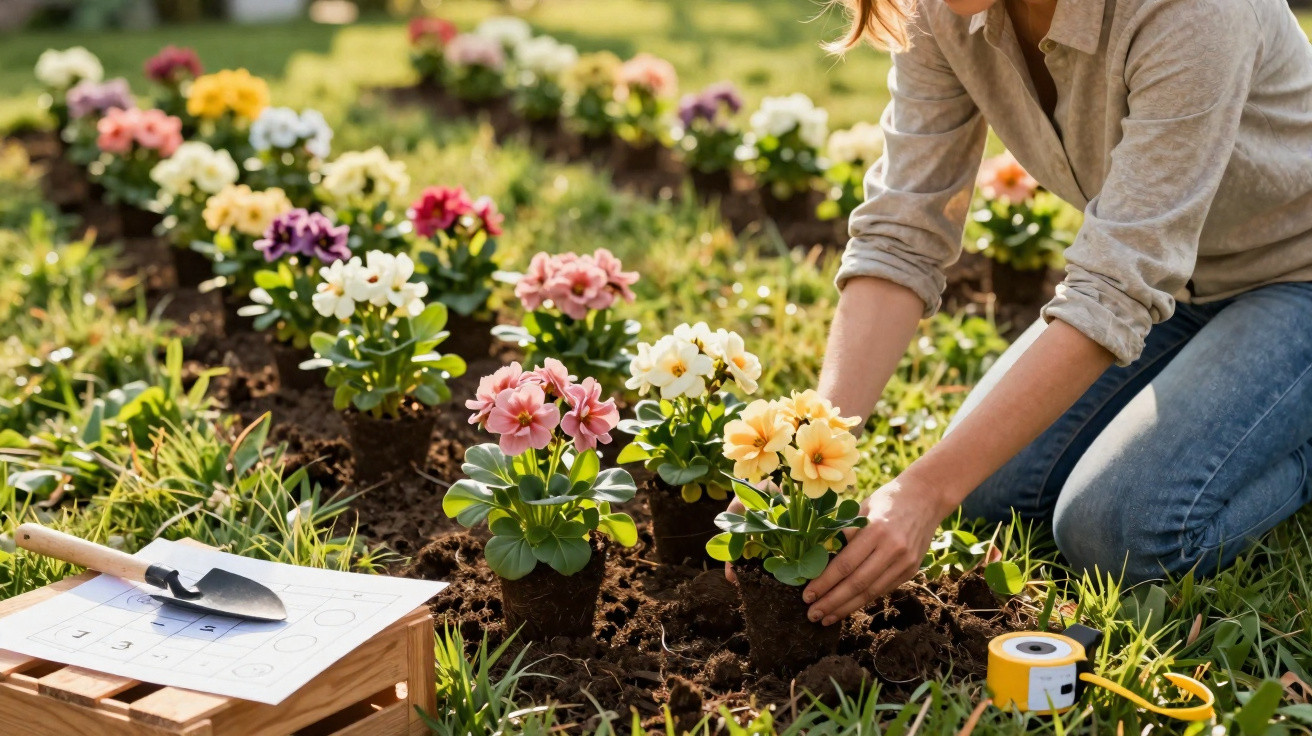 Person planting colourful primrose flowers in garden soil on a sunny day with gardening tools nearby.