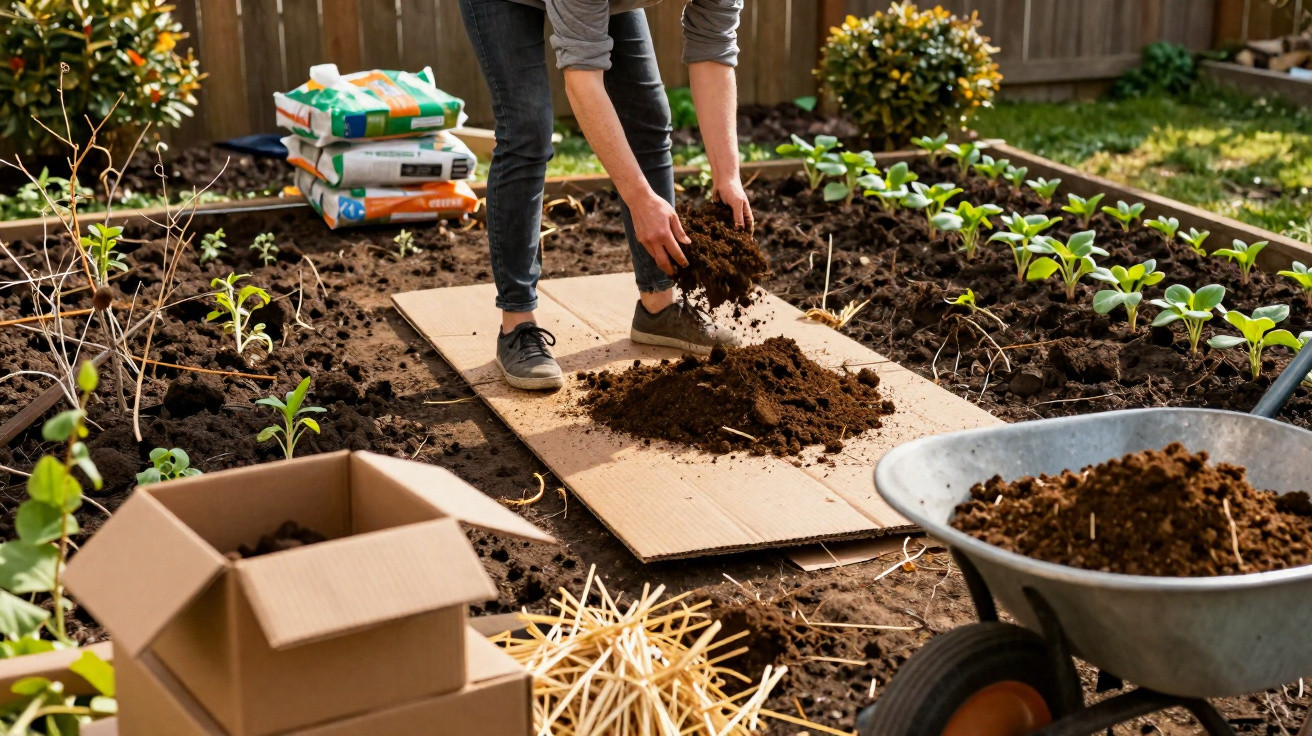 Person spreading soil on cardboard in a garden surrounded by plants, wheelbarrow, and gardening supplies.
