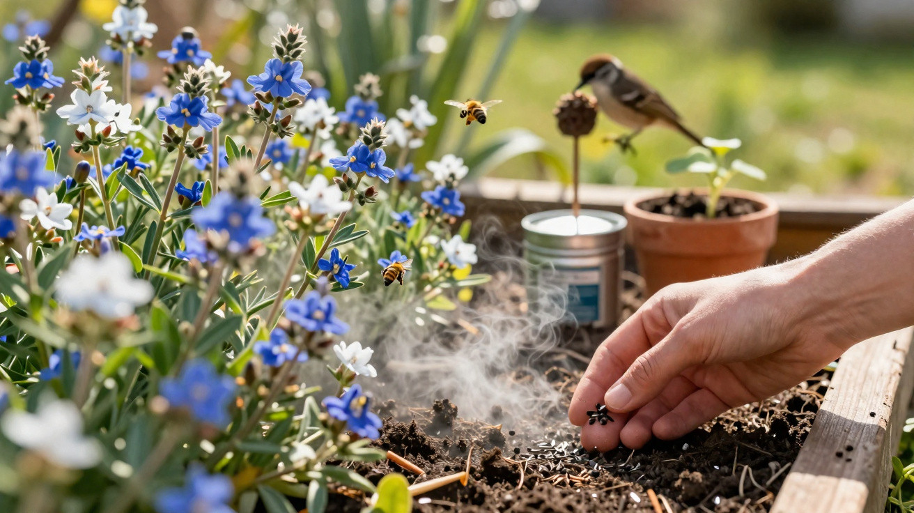 Hand planting seeds in soil with blue and white flowers, bees flying, and a bird perched nearby in sunlight.