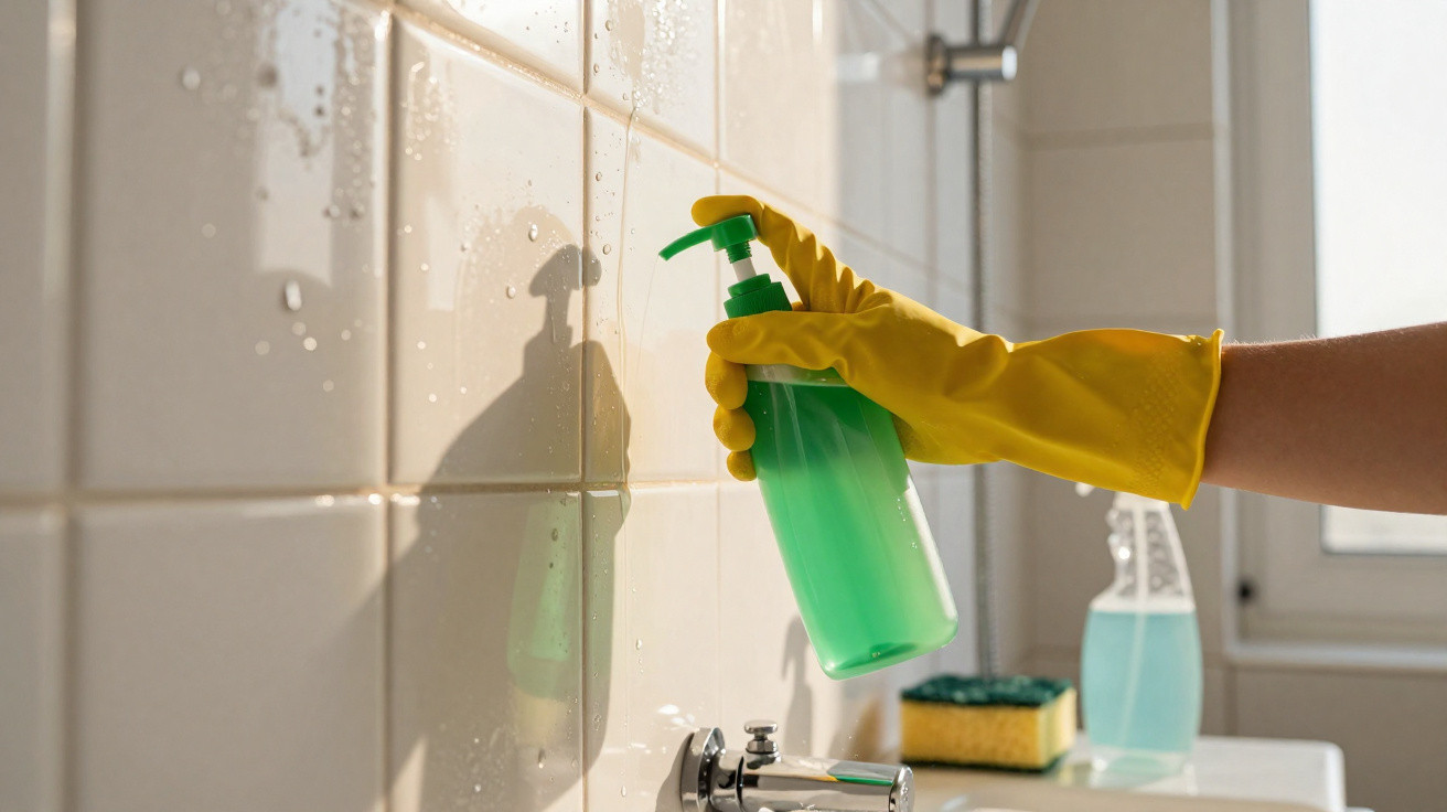 Hand in yellow glove holding green spray bottle cleaning tiled bathroom wall near faucet and sink.