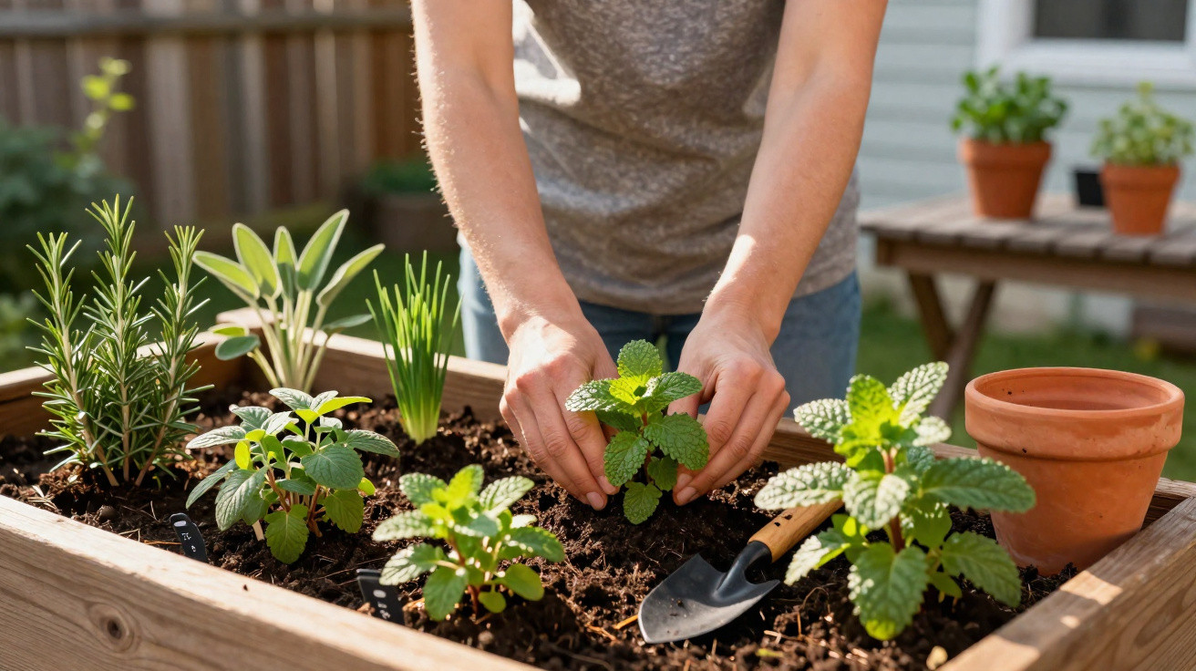 Person planting herbs in a raised wooden garden bed with a small gardening trowel and terracotta pot nearby.