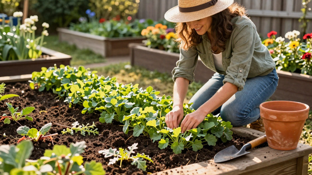 Woman wearing a hat gardening in raised beds with a trowel and empty terracotta pot nearby
