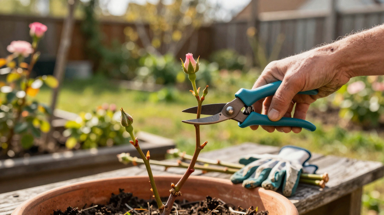 Hand holding pruning shears trimming a rosebud from a plant in a terracotta pot outdoors.