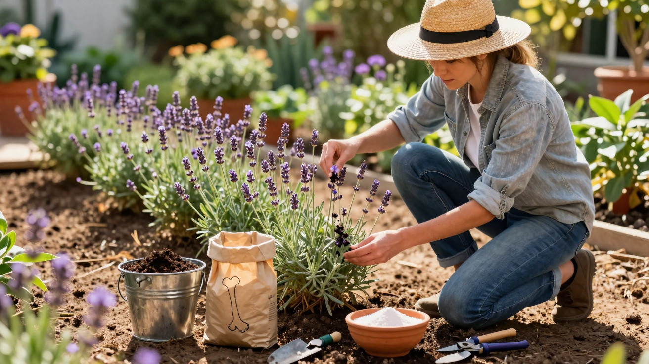 Woman wearing a straw hat tending lavender plants in a garden with gardening tools and supplies nearby.