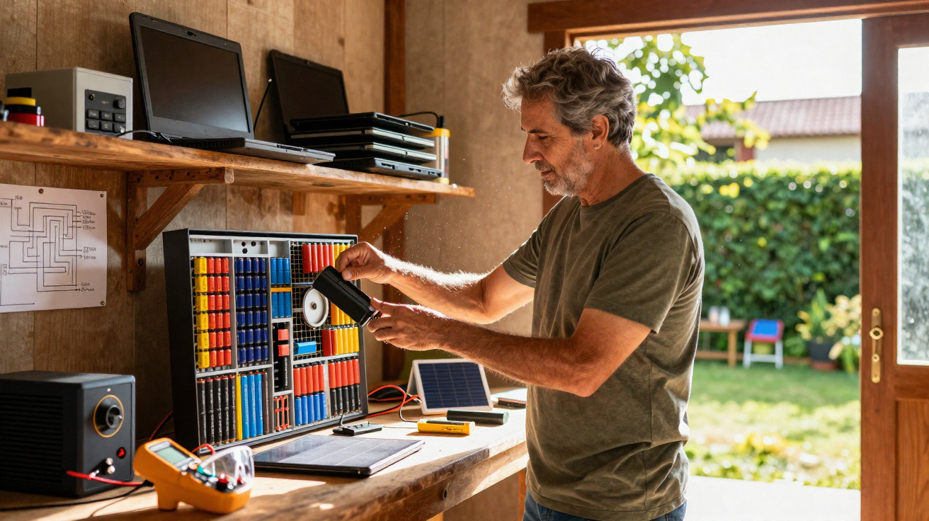Man assembling electronics components in a sunny workshop with open door to garden.