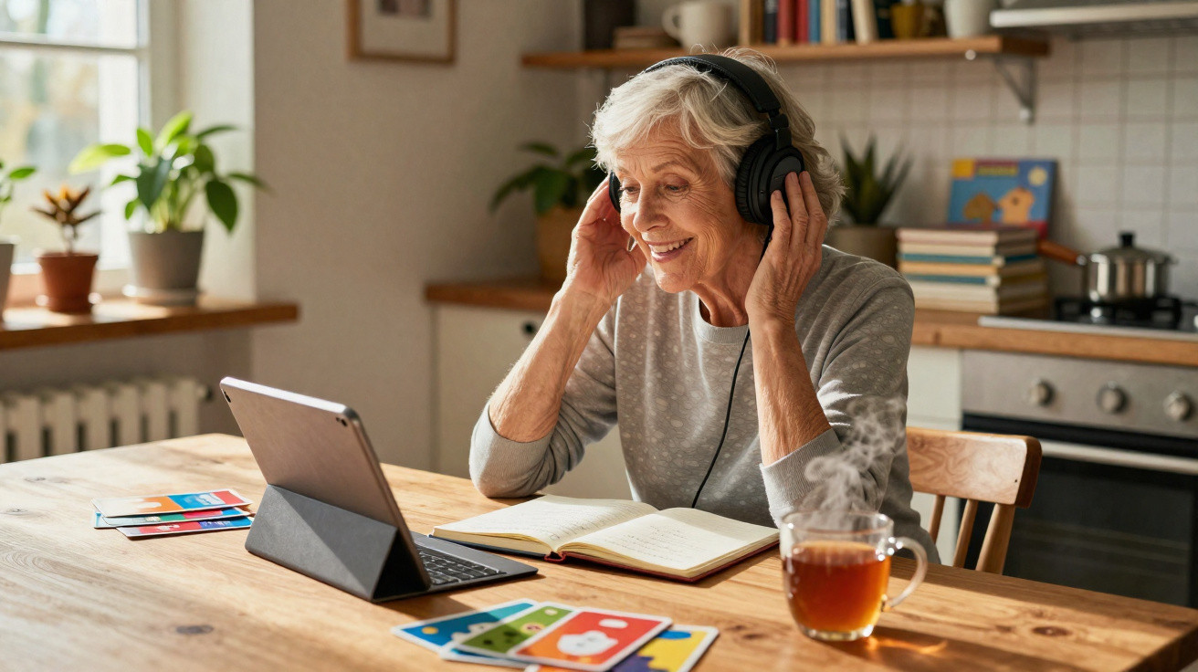 Elderly woman wearing headphones using tablet and reading book at kitchen table with steaming tea nearby.