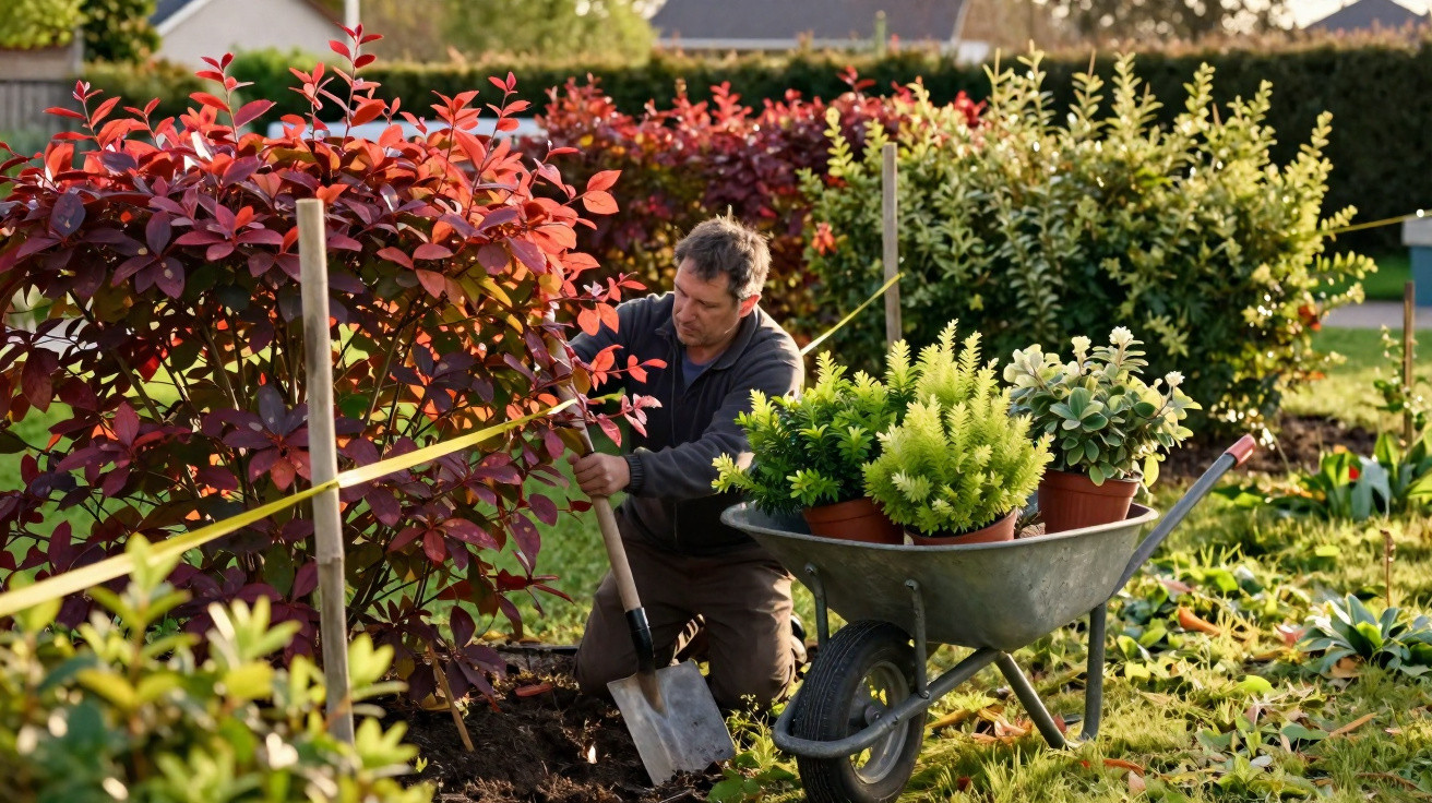 Man kneeling and planting shrubs in a garden with a wheelbarrow full of potted plants nearby in daylight.