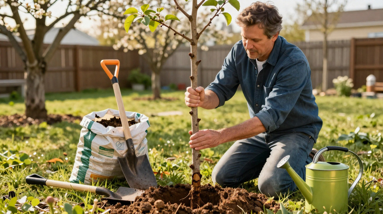 Man kneeling in a garden planting a young tree with gardening tools and a watering can nearby.