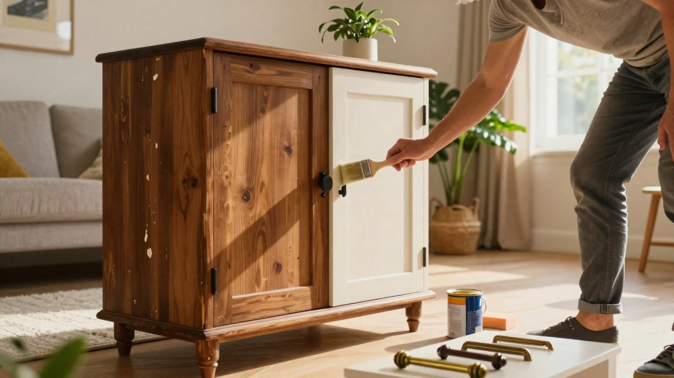 Person painting a wooden cabinet door white in a sunlit living room with plants and furniture.