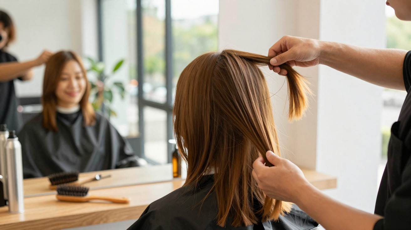 Hairdresser holding a woman's brown hair in a salon with hairbrushes and products on the counter.