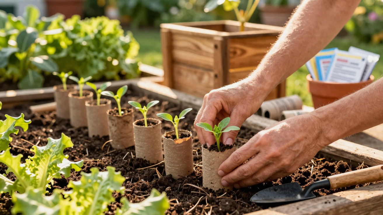 Hands planting seedlings in biodegradable pots into a raised garden bed with leafy greens nearby.