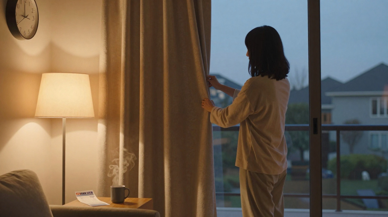 Person in pajamas drawing curtains in dimly lit living room with steaming mug on table next to lamp.
