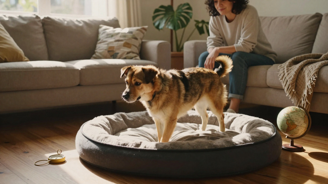 Small mixed-breed dog standing on a grey dog bed in a sunlit living room with a woman sitting on the sofa.