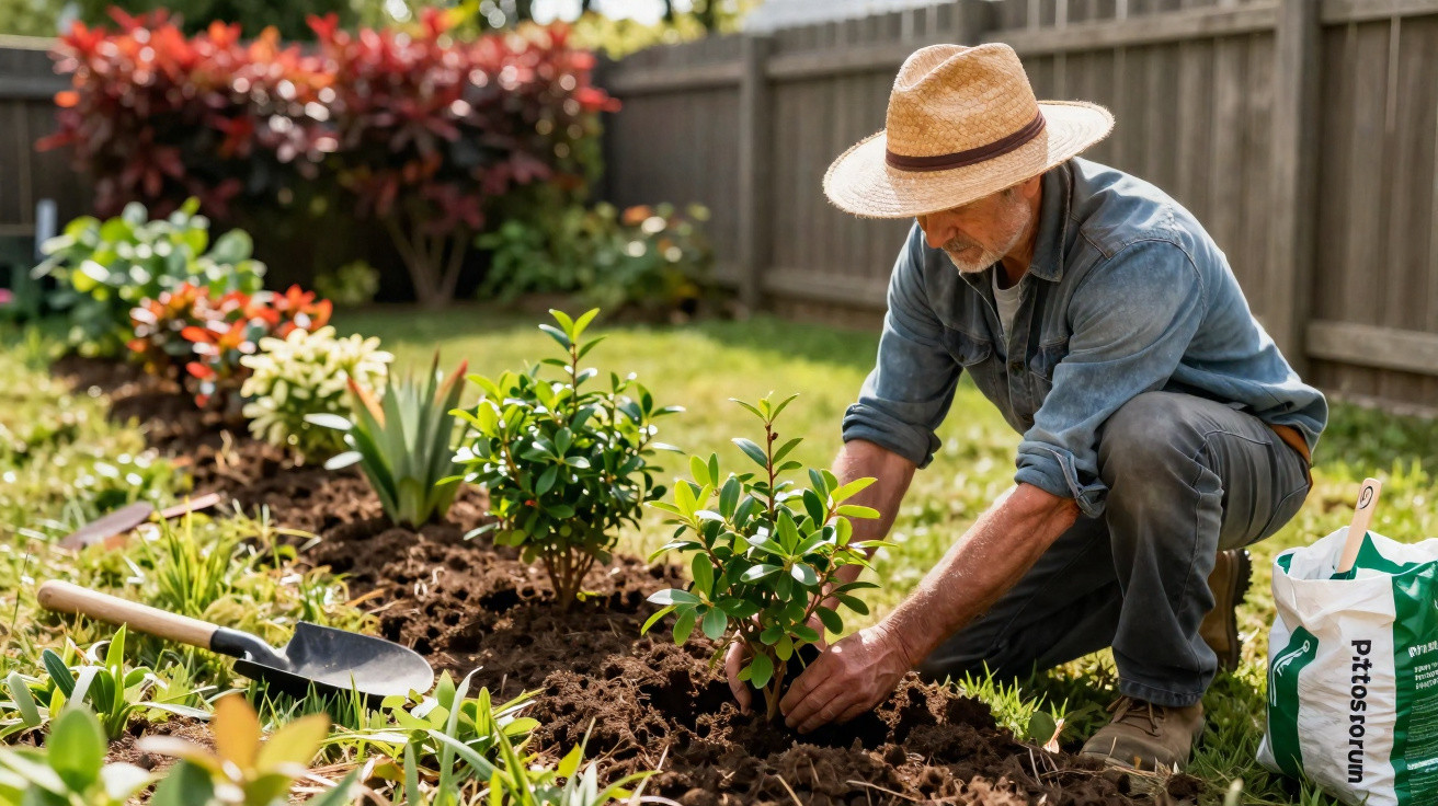 Older man wearing a straw hat planting shrubs in a garden bed next to a wooden fence in daylight.