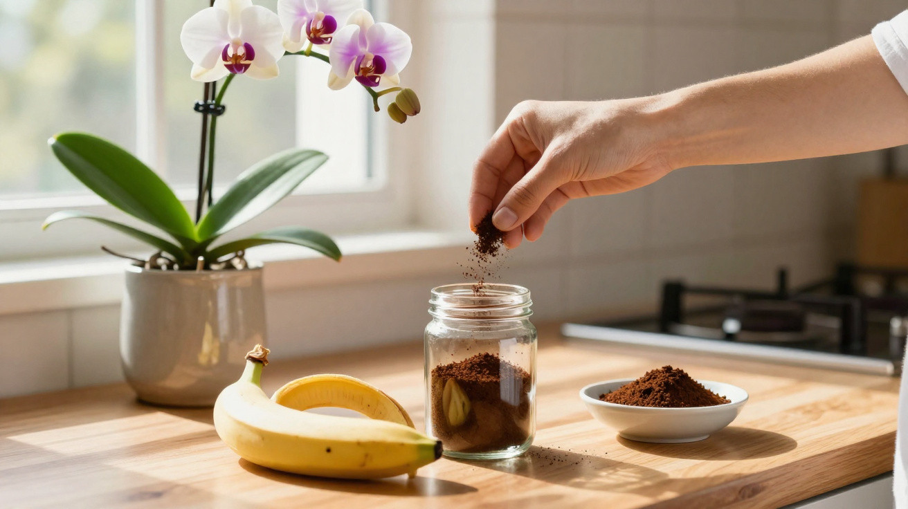 Hand sprinkling ground coffee into a glass jar on a kitchen counter with banana and orchid nearby.