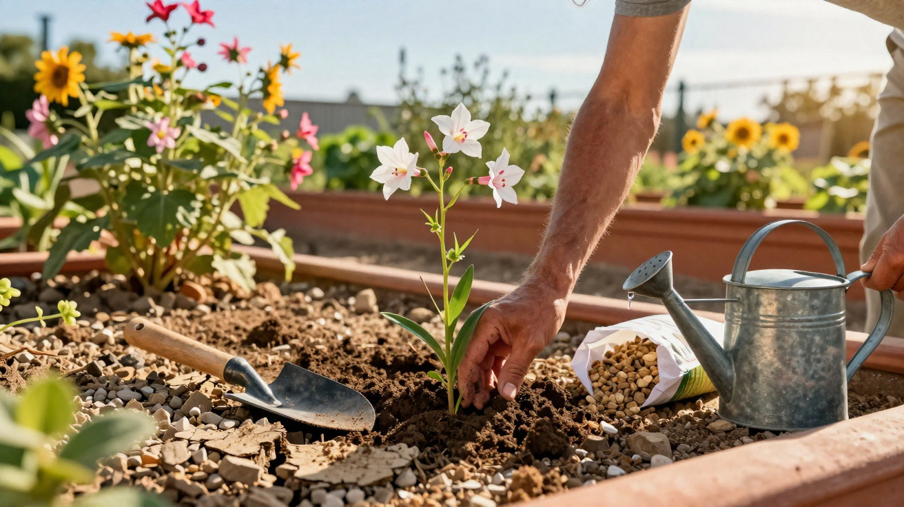 Person planting a small white flower in a raised garden bed with gardening tools and watering can nearby.
