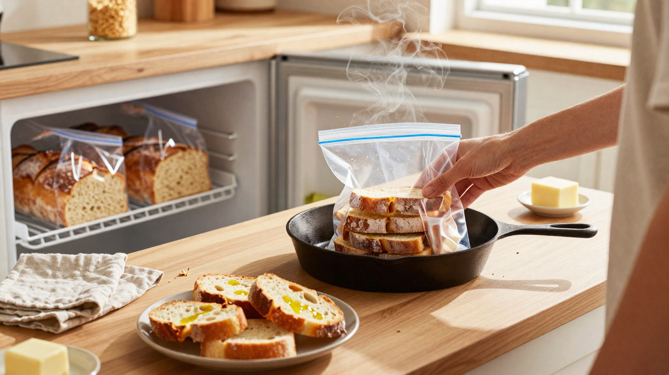 Person placing slices of stale bread from a plastic bag into a frying pan on a kitchen counter.