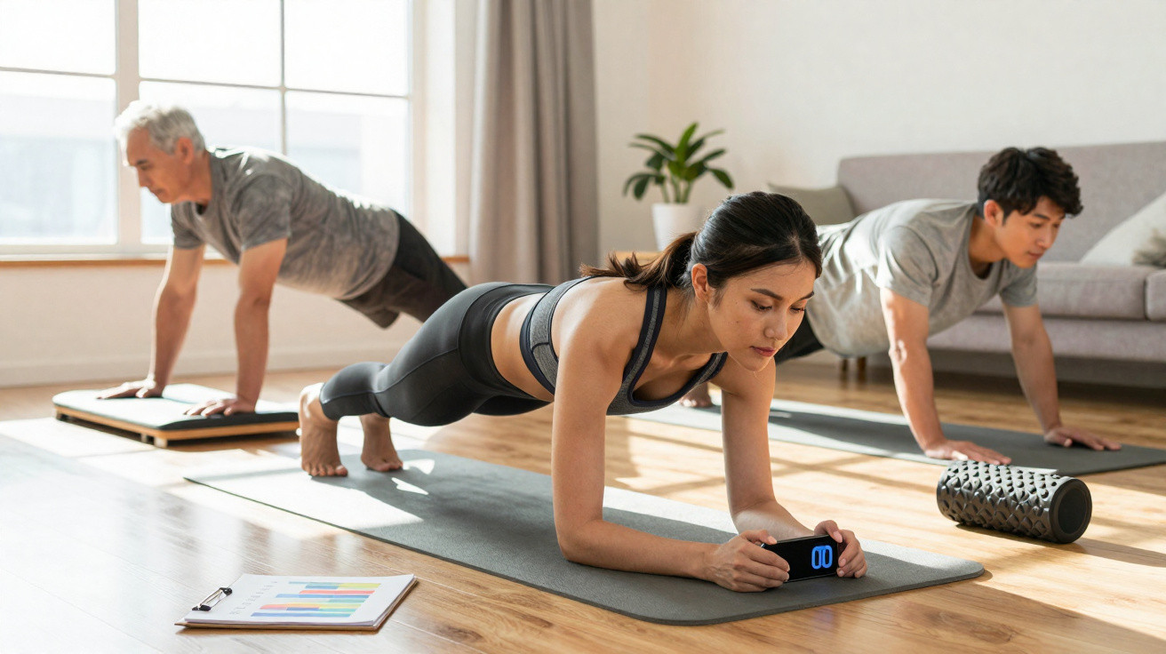 Three people exercising indoors, holding plank poses on yoga mats in a bright living room.