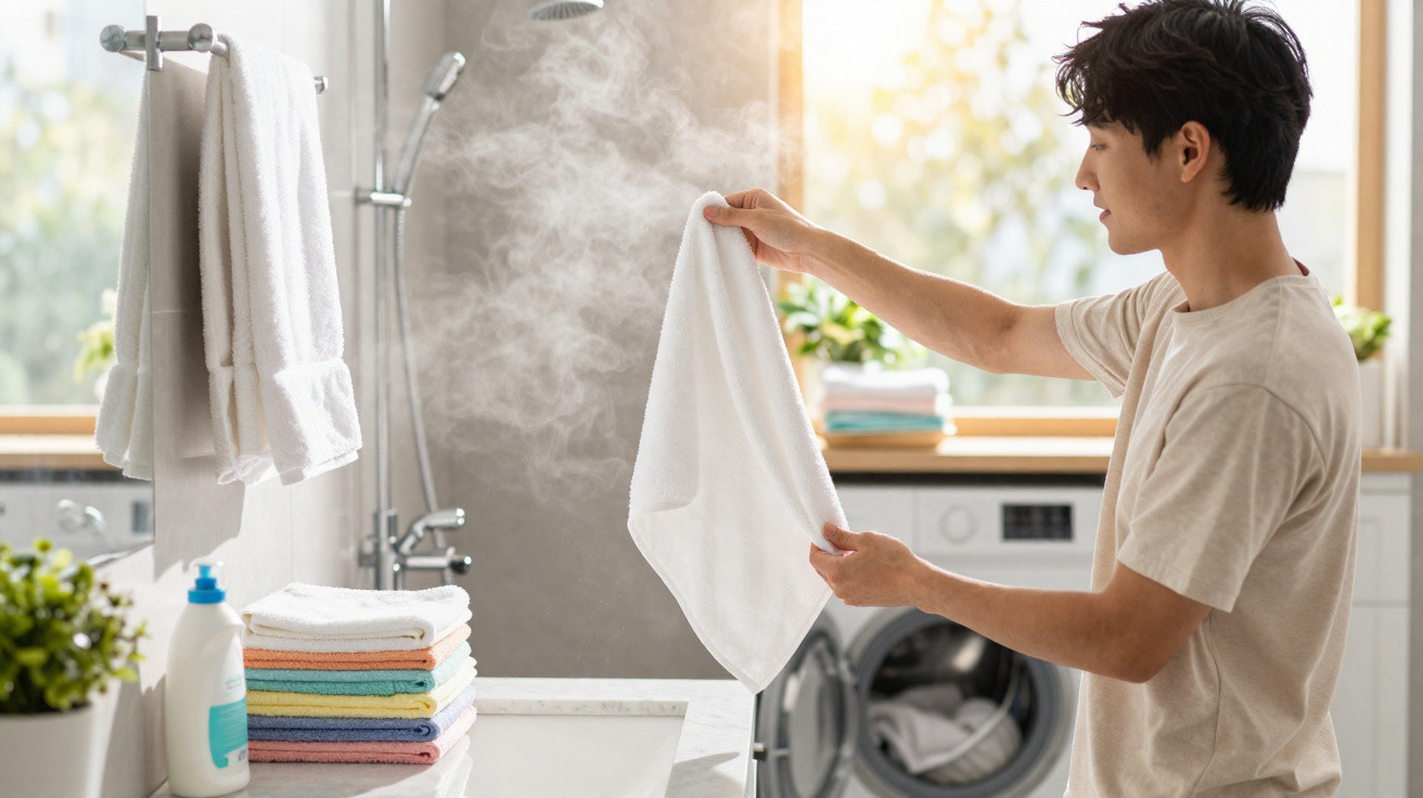 Man airing a steaming white towel in a bright bathroom with neatly stacked towels and a washing machine.