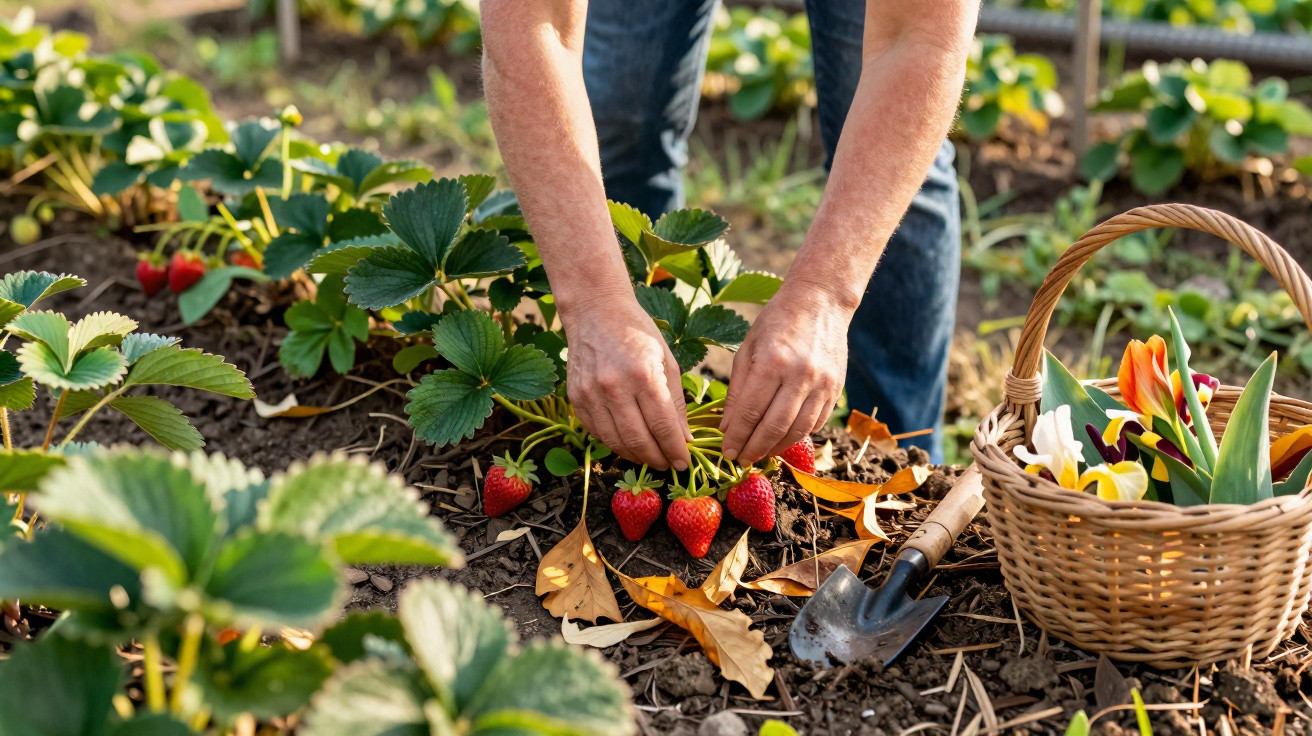 Person harvesting ripe strawberries in a garden, with a basket of colourful flowers and a small garden trowel nearby.