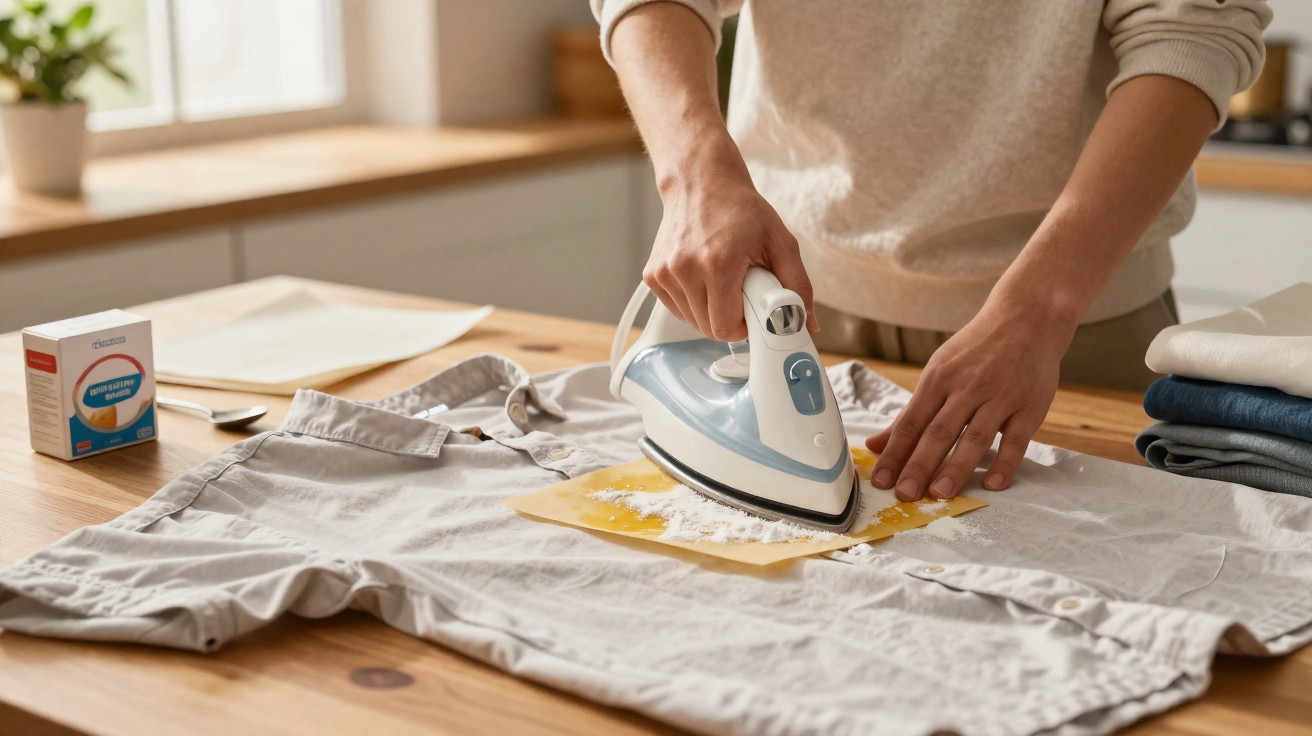 Person ironing a shirt with a cloth and powdered stain remover on a wooden table in a bright room.