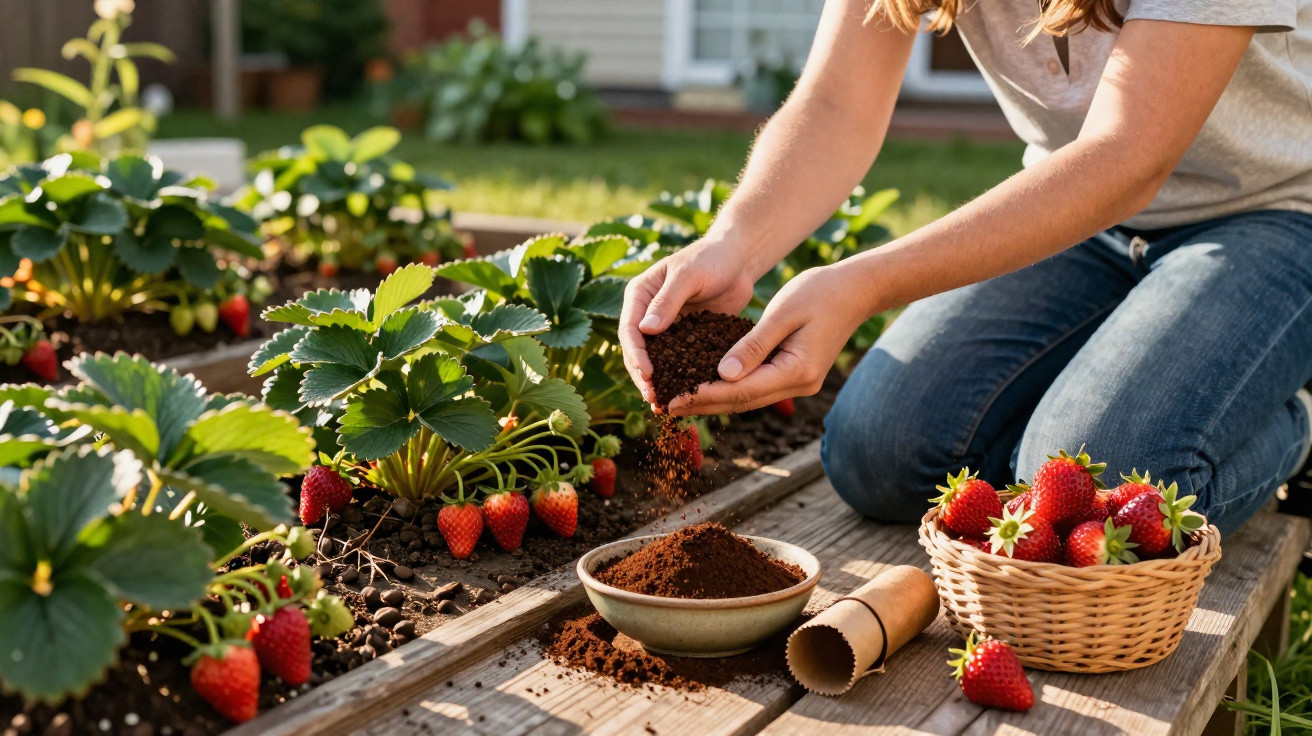 Person adding soil to a bowl beside a basket of freshly picked strawberries in a garden bed.