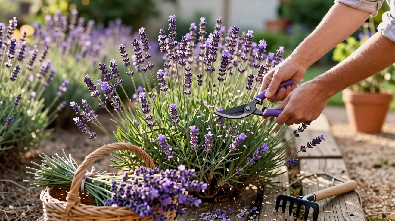 Person pruning lavender flowers with secateurs beside a basket of freshly cut lavender in a garden.