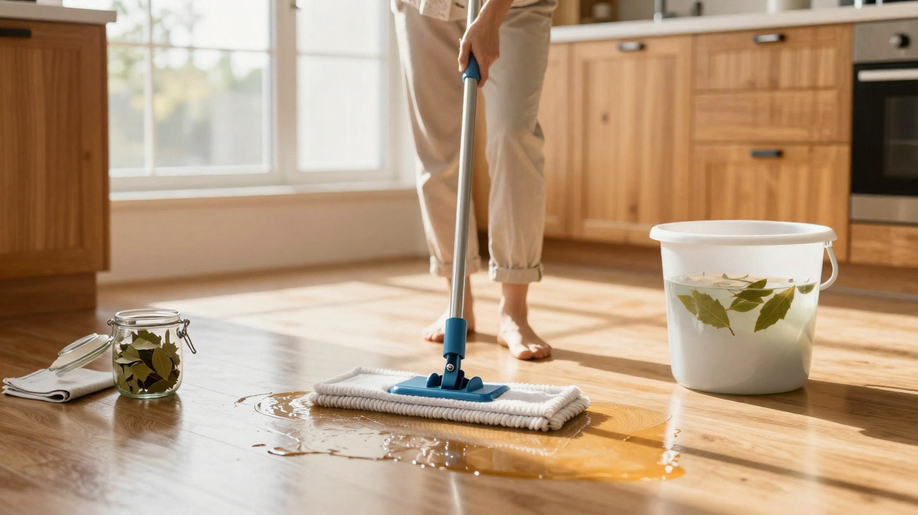 Person mopping spill on wooden kitchen floor with bucket of water and leaves nearby in bright room